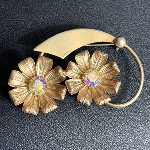 Vintage AB Rhinestone Brooch Flower Pin Gold Tone Floral Statement Jewelry